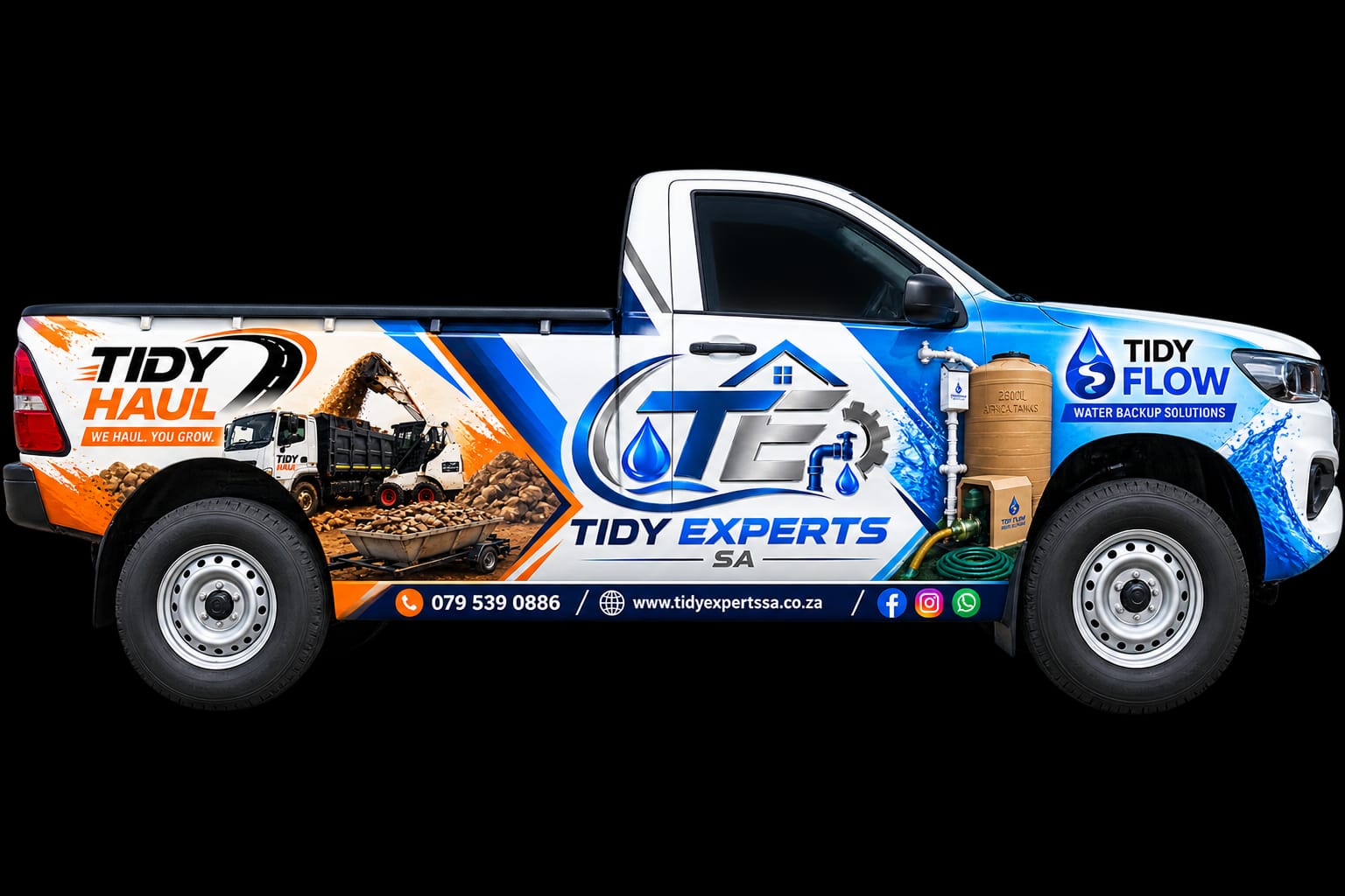 TIDY EXPERTS branded bakkie - Tidy Flow water backup and Tidy Haul